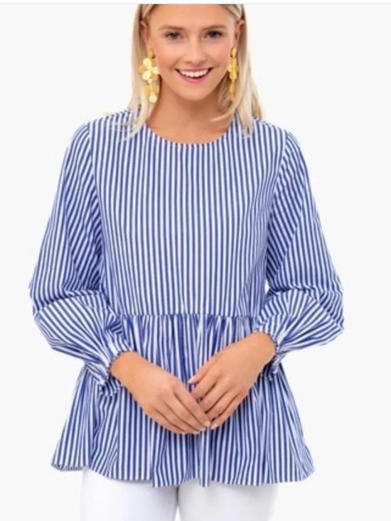 Pomander Place Tops - Pomander Place Medium M blue striped top ruffle bottom peplum blouse